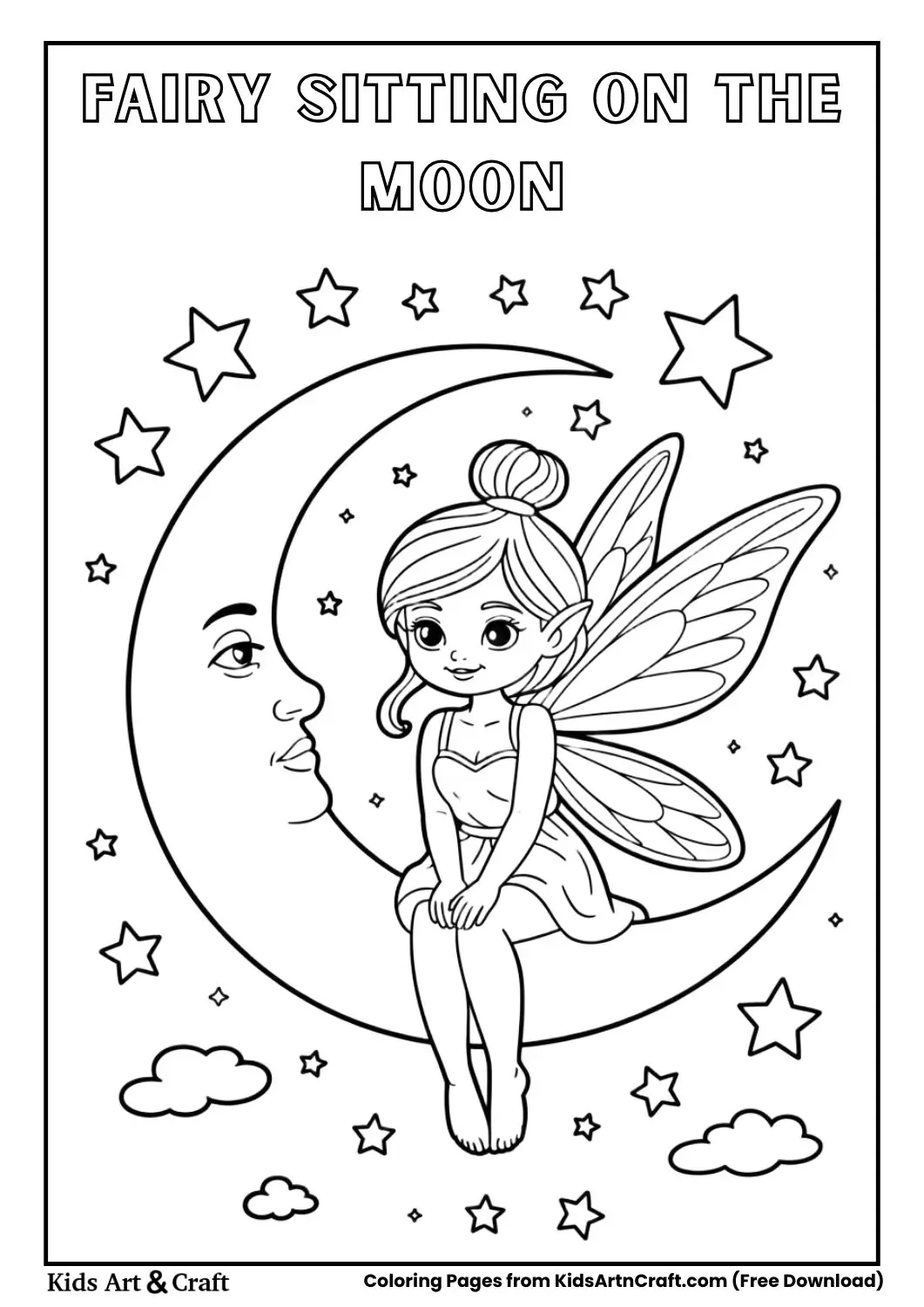 Fairy sitting on a crescent moon with stars coloring page