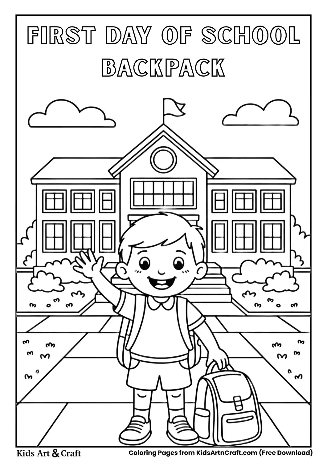 child with backpack first day of school coloring page