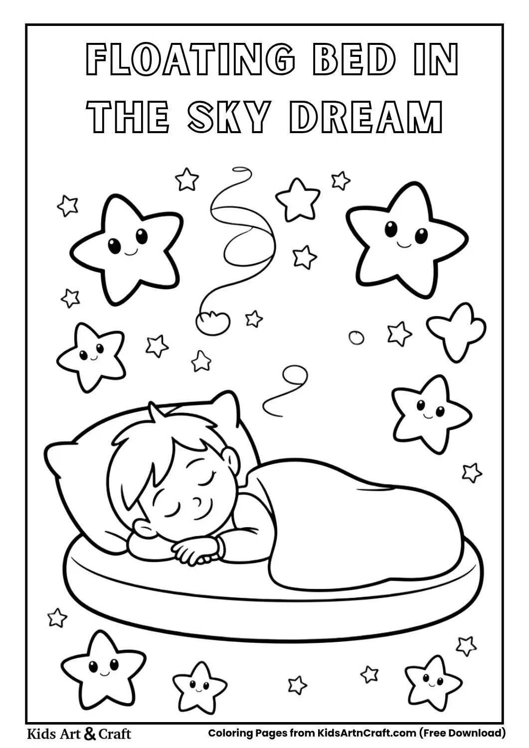 Child sleeping on a floating bed in the sky coloring page for kids