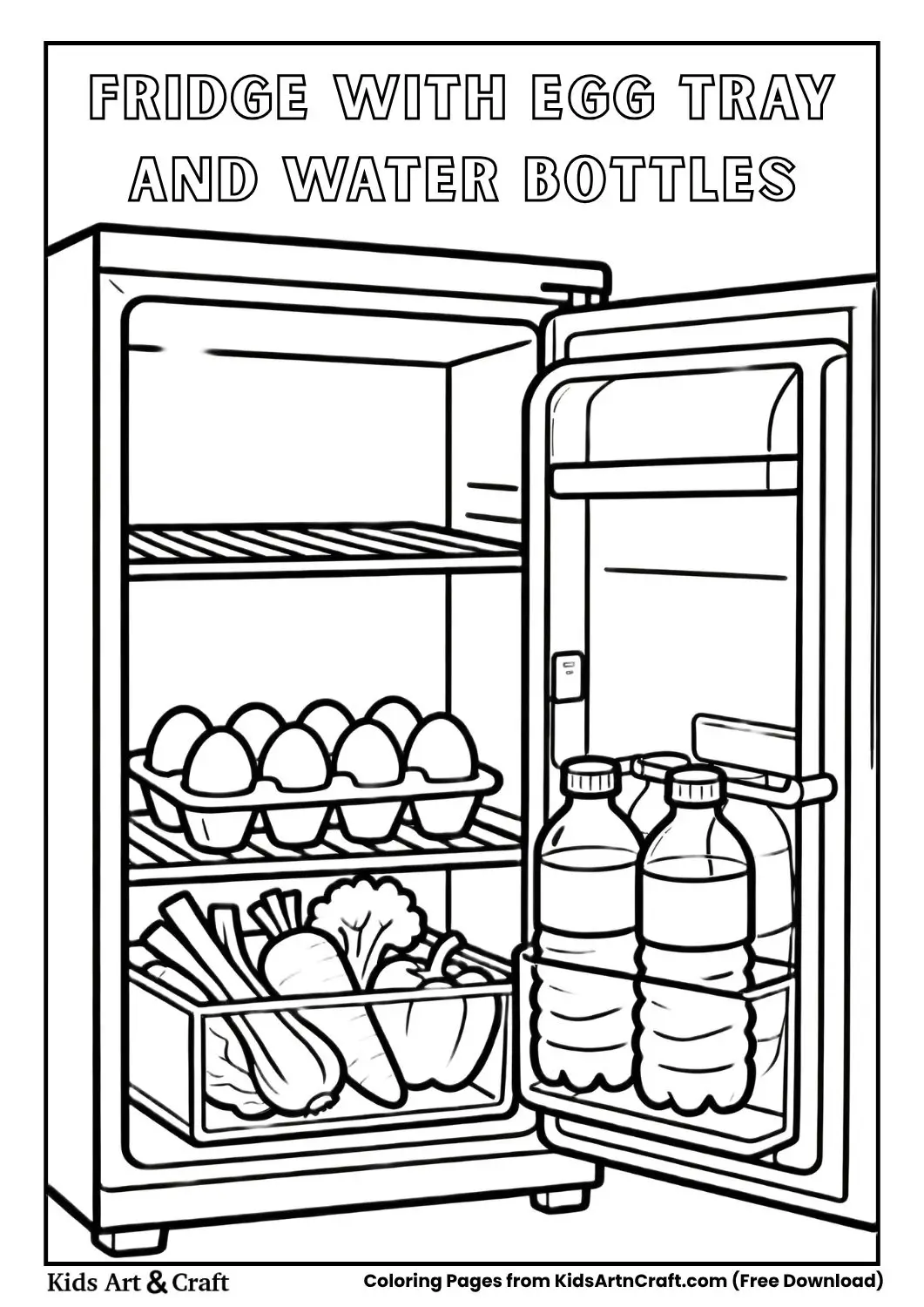 refrigerator interior with egg tray water bottles and vegetable box coloring page