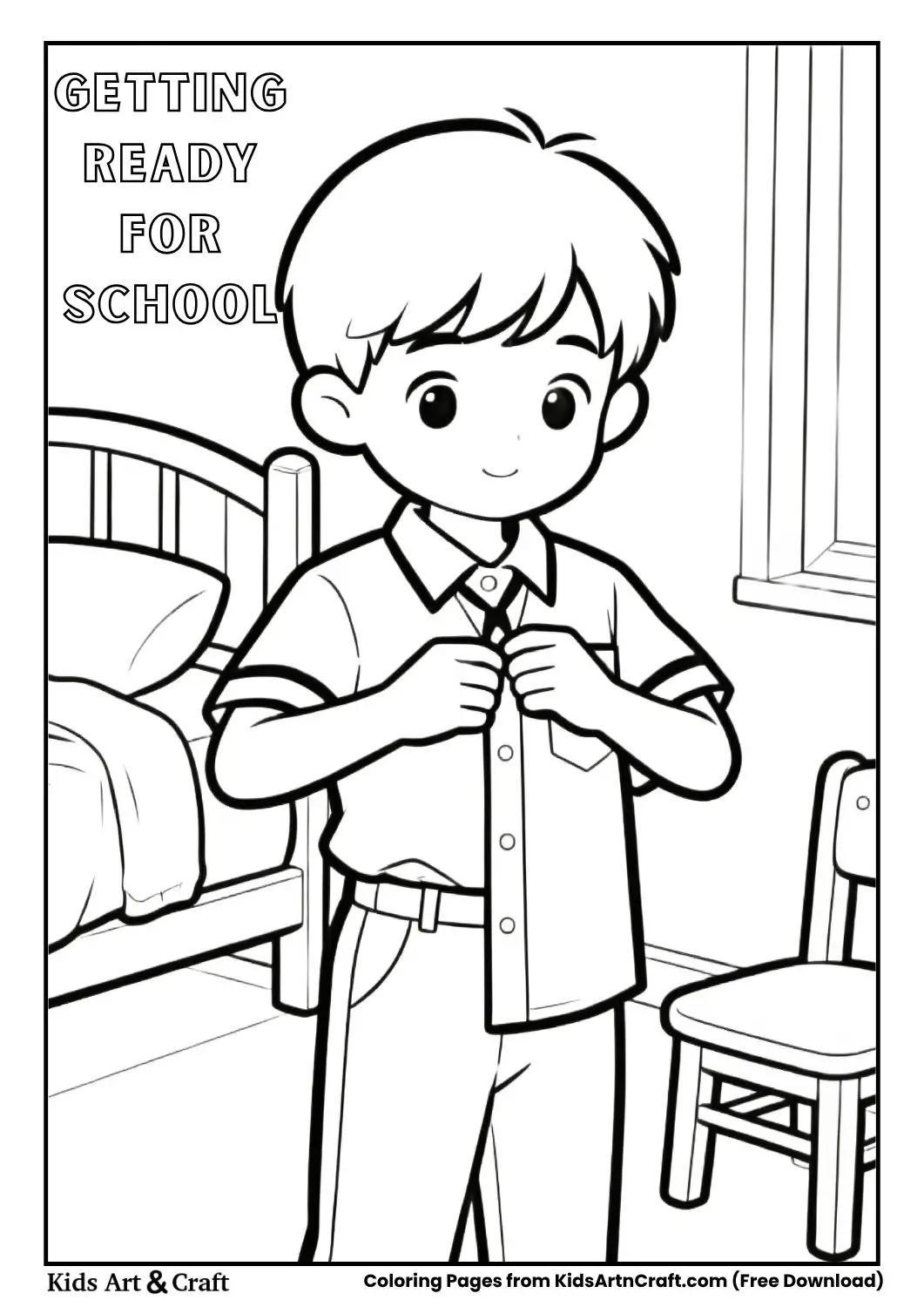 child getting dressed for school simple daily routine coloring page for kids