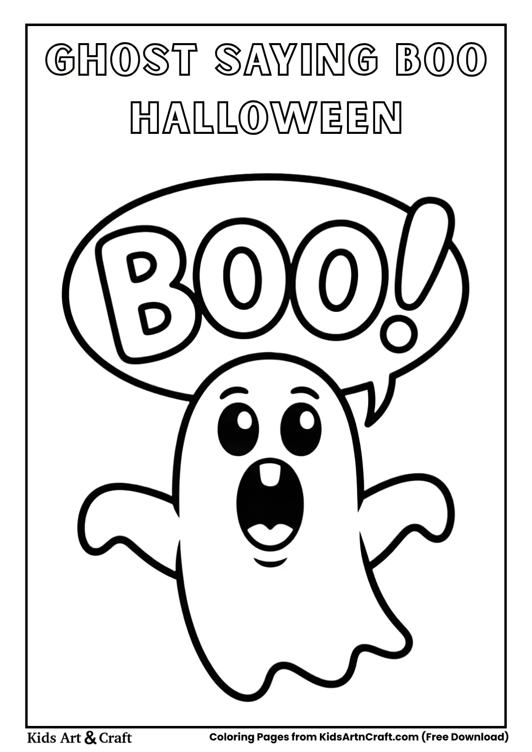 Cartoon ghost with Boo text in bubble letters, easy black and white coloring page