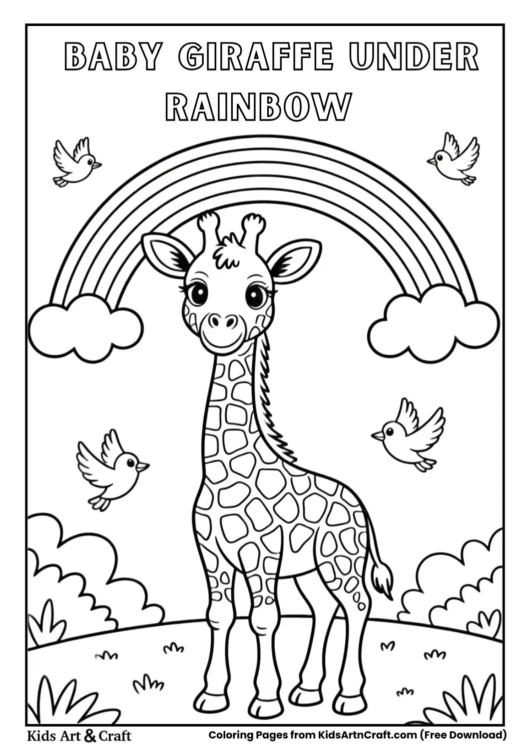 black and white line drawing of a baby giraffe standing under a rainbow with birds