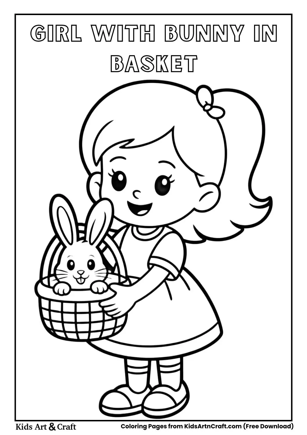Girl holding basket with bunny inside coloring page for kids