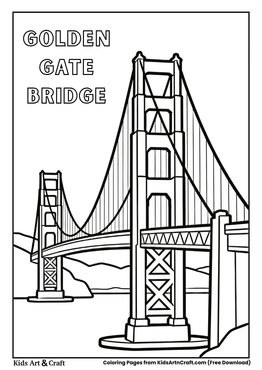 Golden Gate Bridge black and white coloring page with simple lines