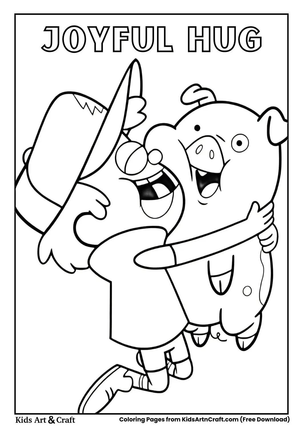 Pig-like character hugging a smiling character with a large hat mid-air
