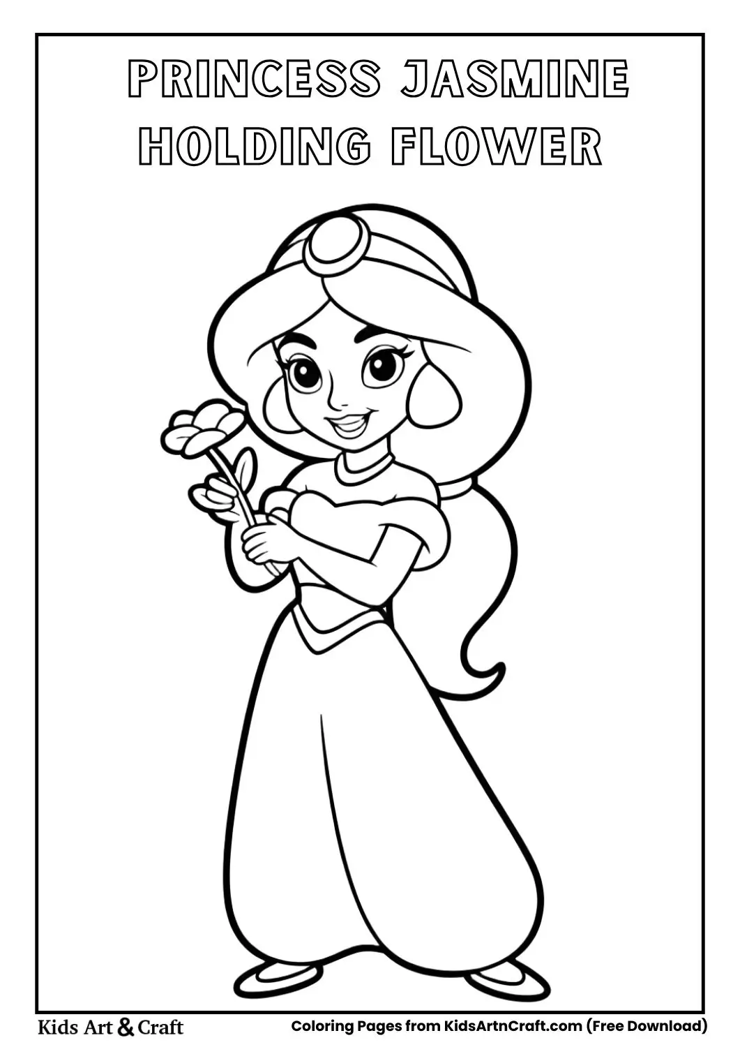 Princess Jasmine holding a flower simple black and white coloring page