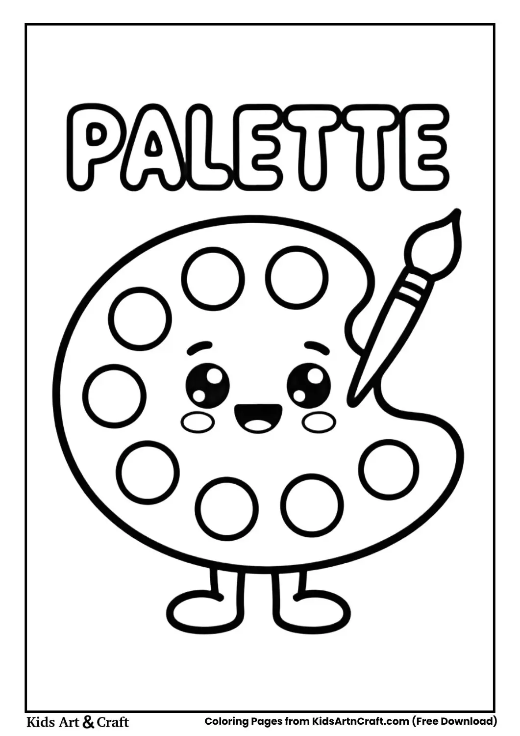 kawaii paint palette coloring page black and white for children