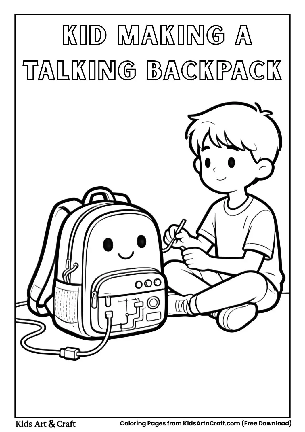 Child building a talking backpack invention coloring page for kids