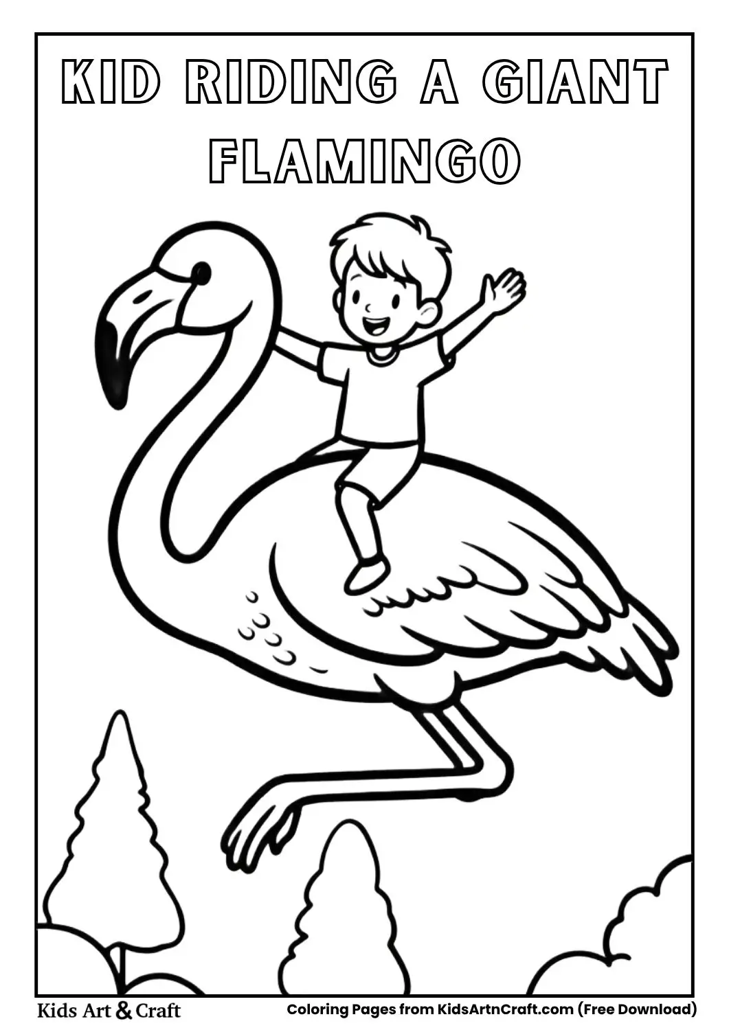kid riding giant flamingo black and white coloring page for children