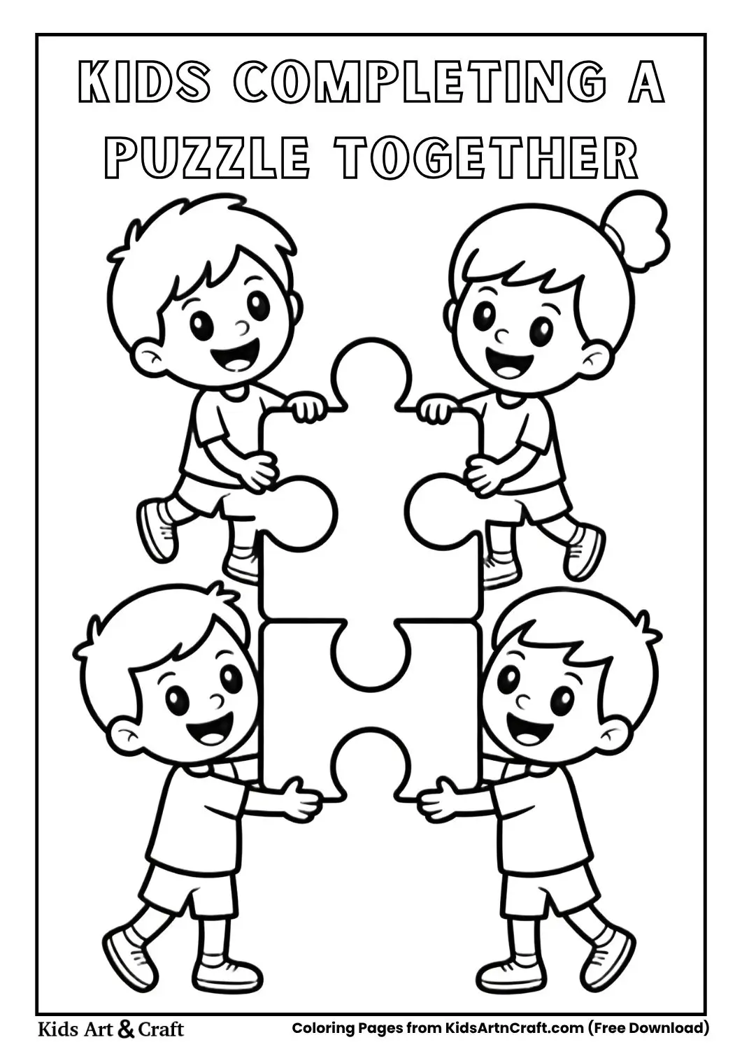 children completing a puzzle together teamwork coloring page