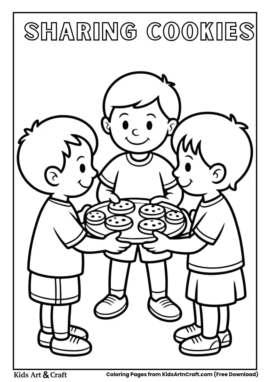 children sharing cookies cute simple coloring page for kids