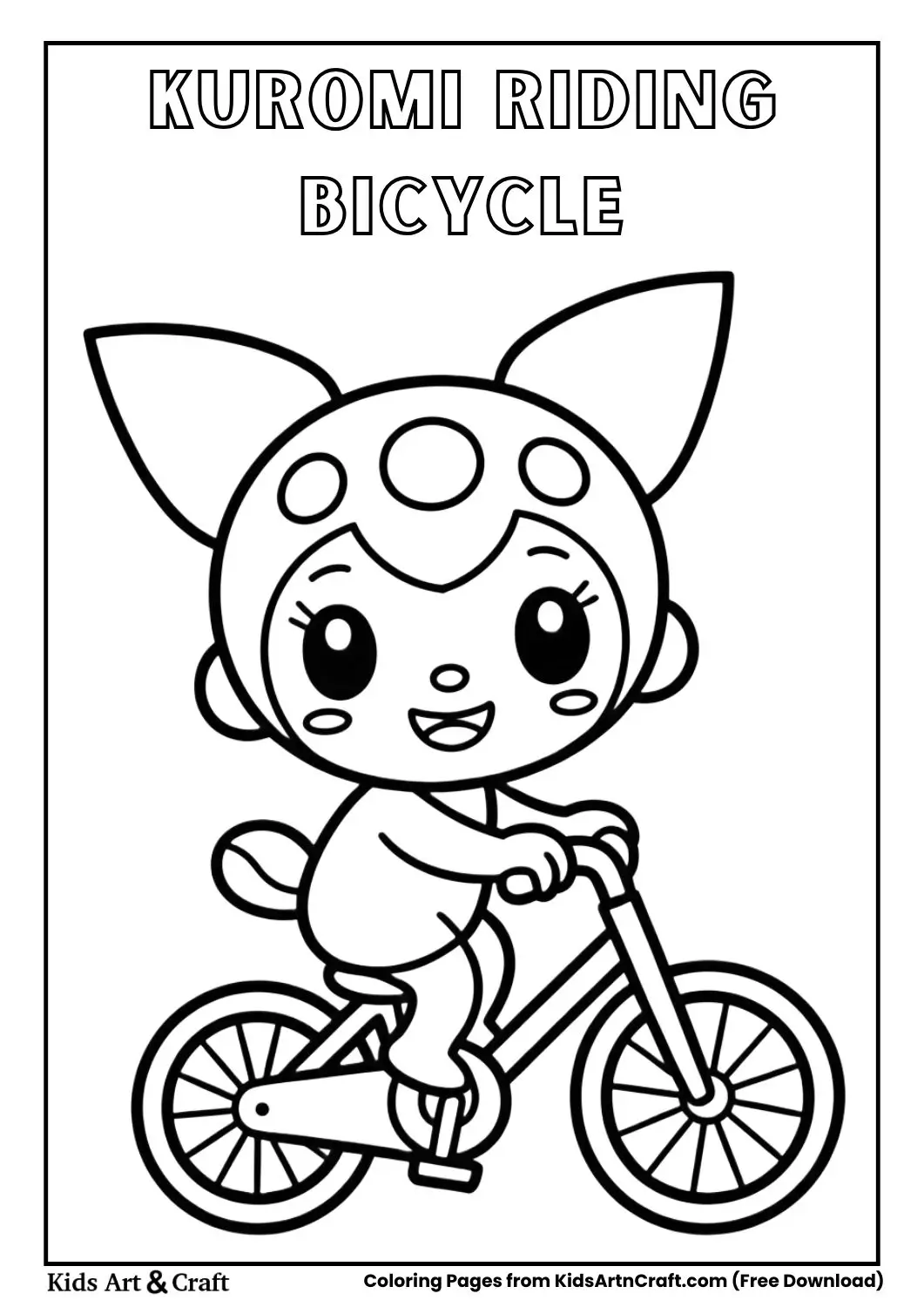 Kuromi riding a bicycle cartoon line art coloring page for kids