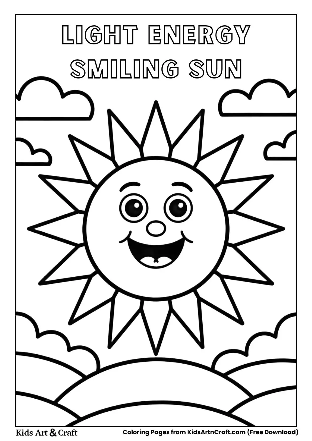 Big smiling sun with rays over hills and clouds simple coloring page for kids