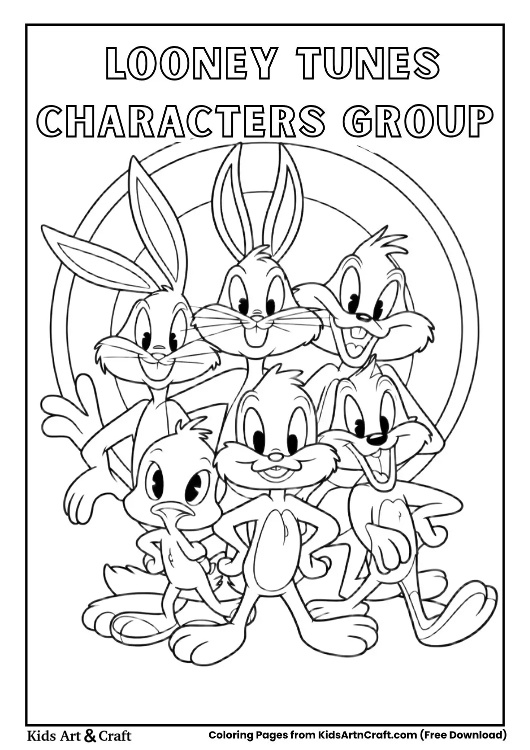 Looney Tunes characters group with logo coloring page