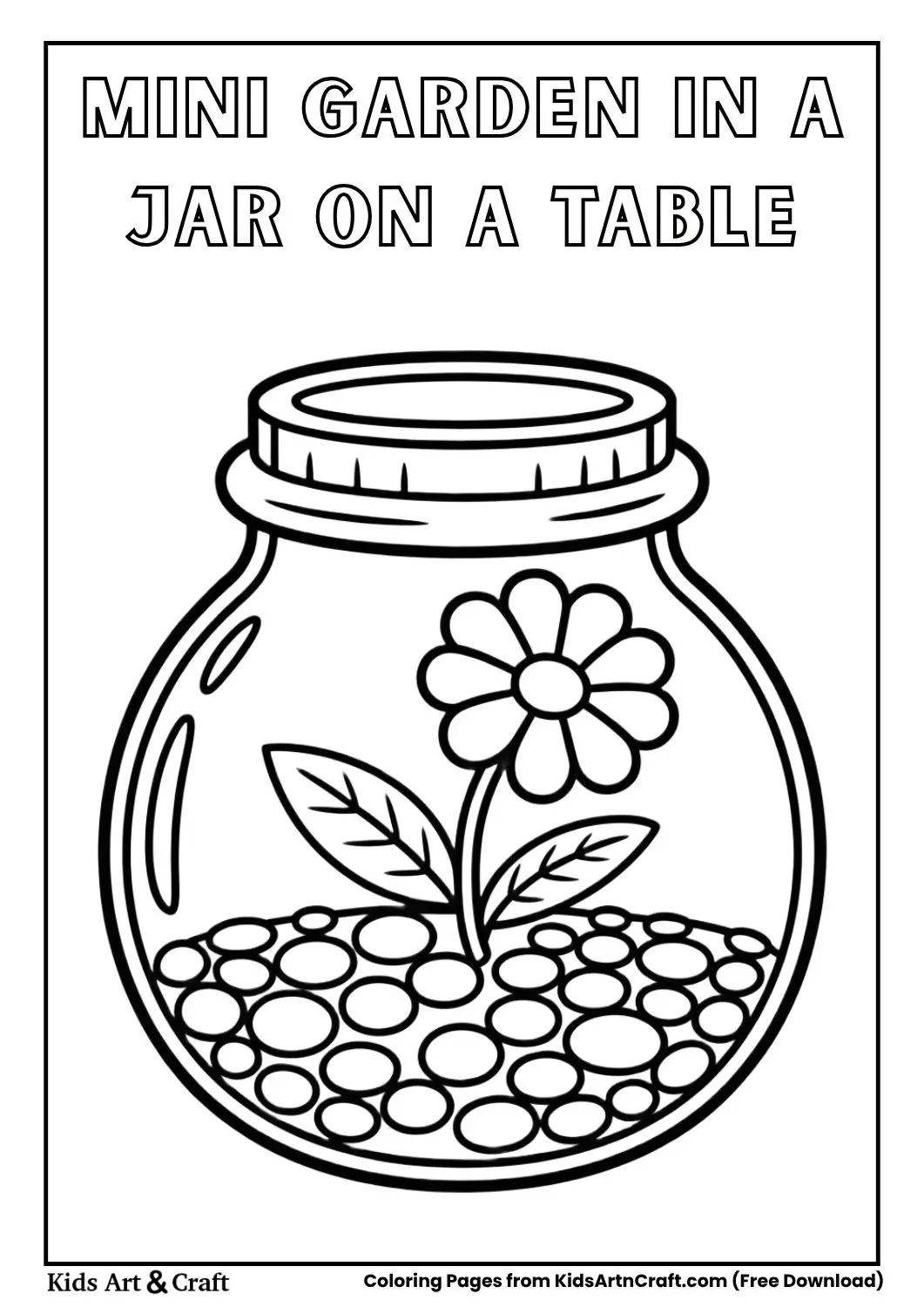 small garden inside a jar placed on a table black and white coloring page for kids