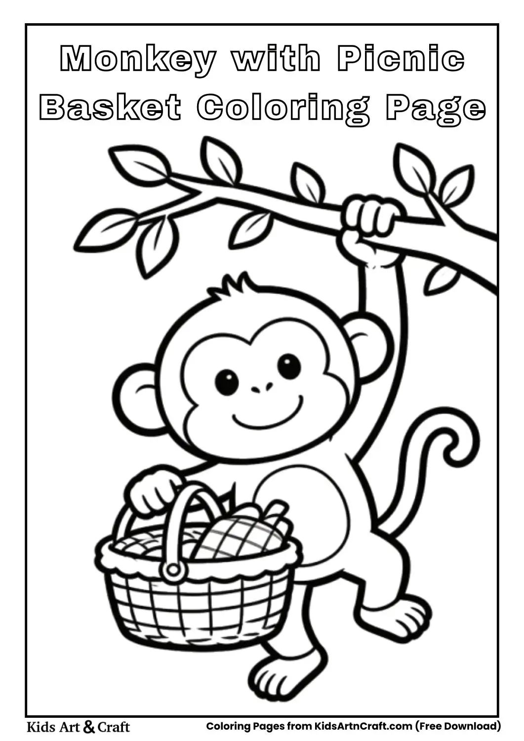 Smiling monkey holding a picnic basket under a tree in black and white line art