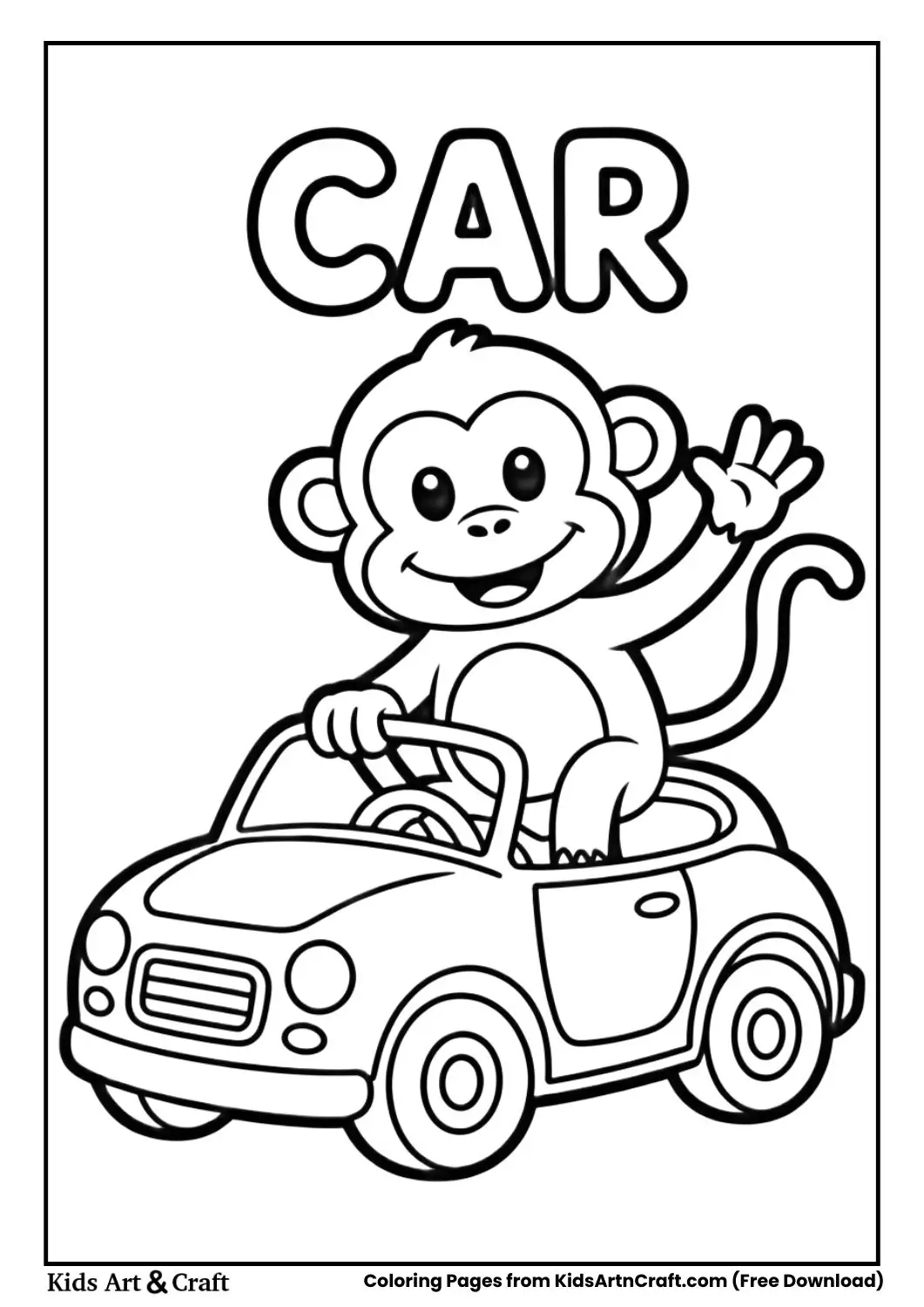 monkey riding car coloring page for kids