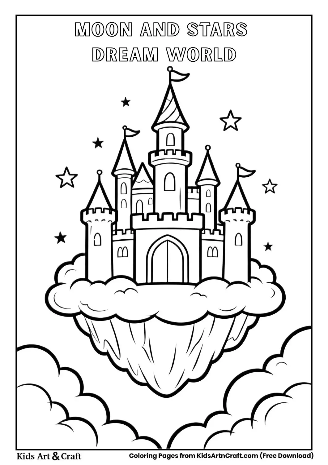 Dream land coloring page with a smiling moon, fluffy clouds, and stars in simple black and white outlines