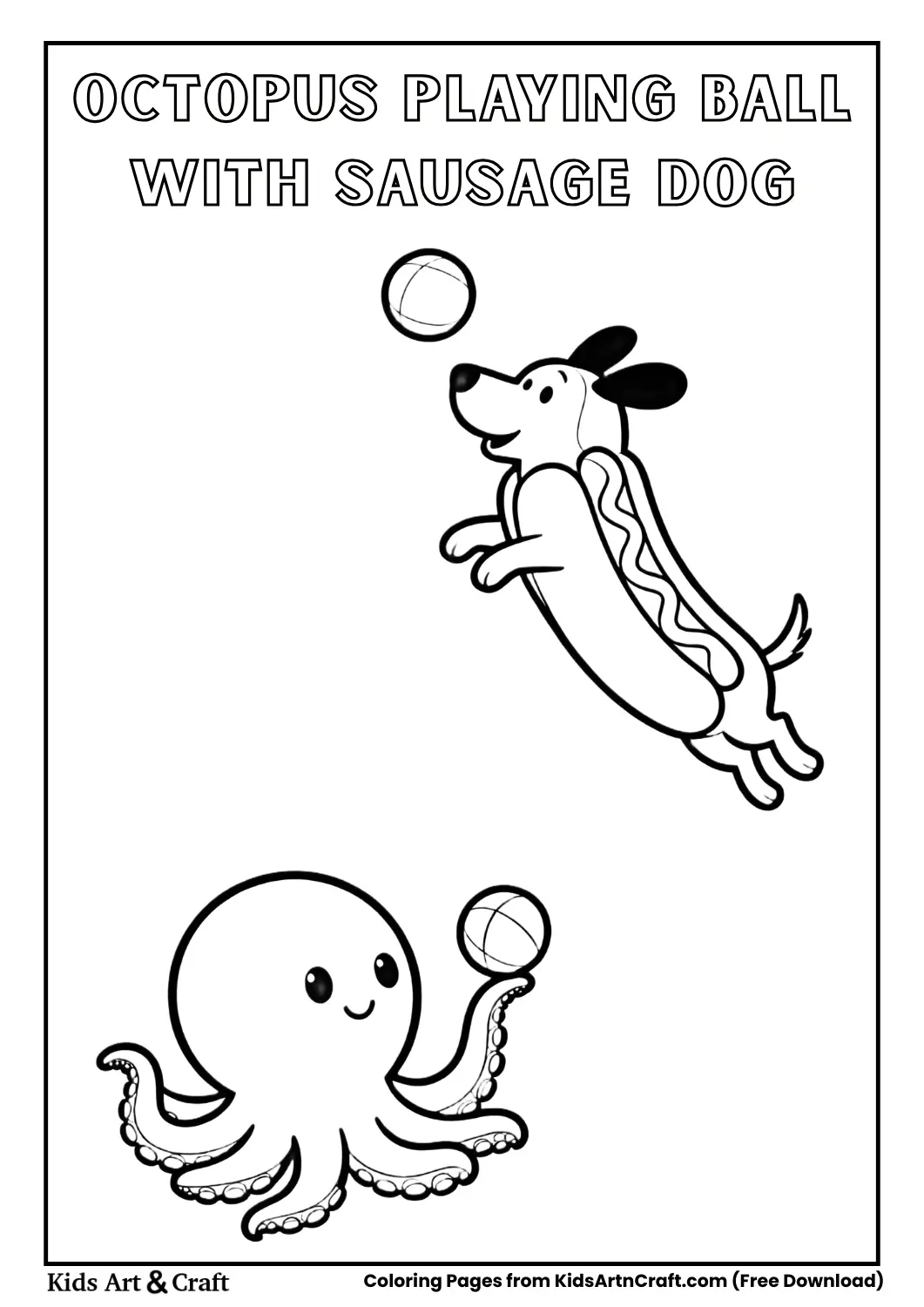 Octopus playing ball with hotdog shaped dog coloring page