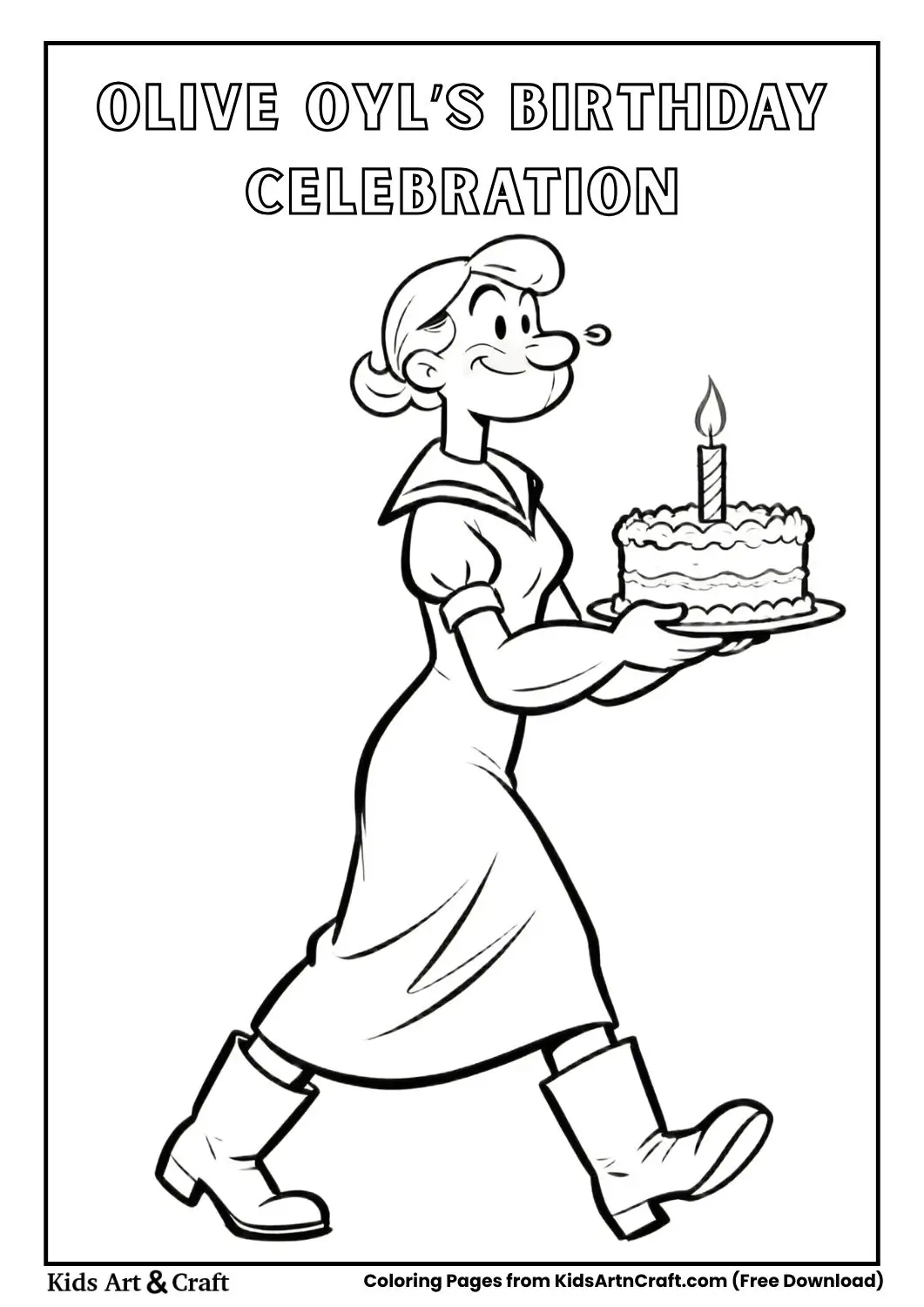 Olive Oyl walking with a birthday cake and candle