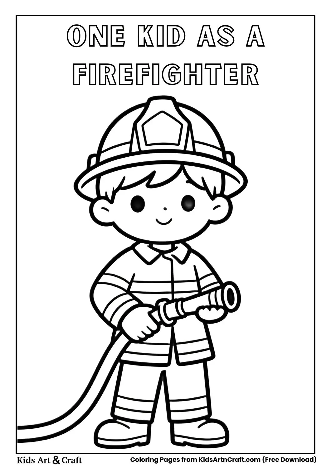 black and white coloring page of a child dressed as a firefighter wearing a helmet and holding a hose