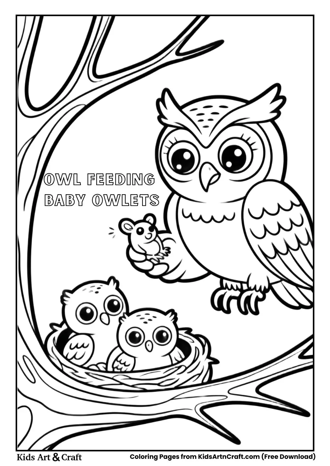Owl feeding baby owlets in a tree nest black and white coloring page for kids