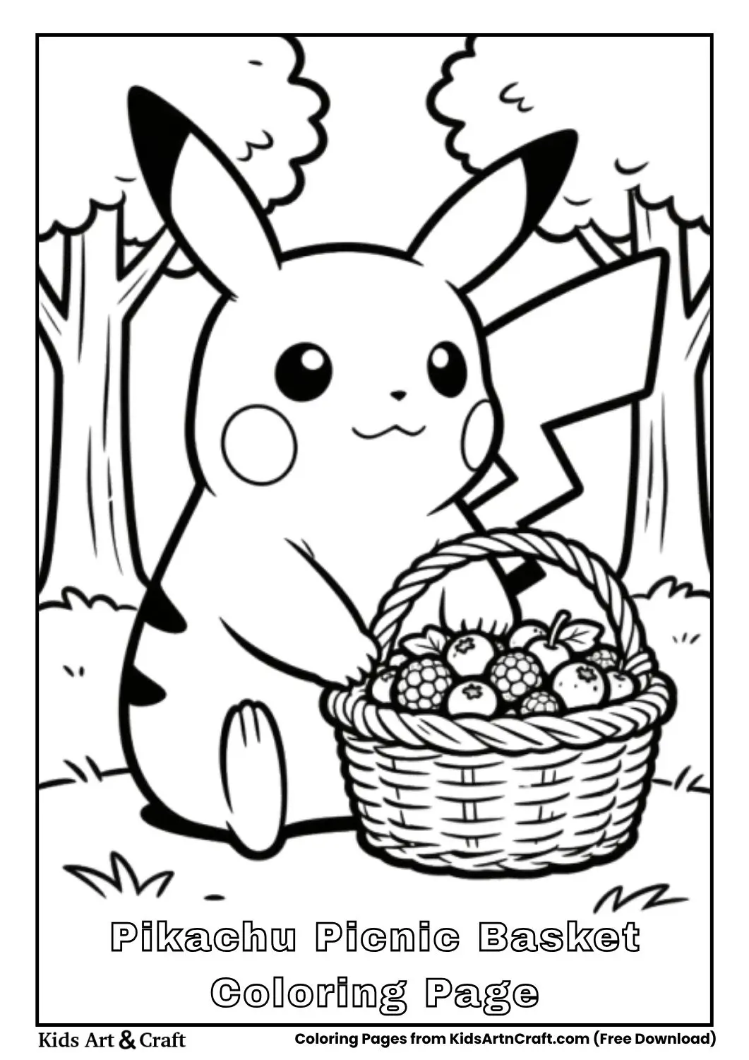 Pikachu sitting next to a picnic basket with berries in a forest coloring page