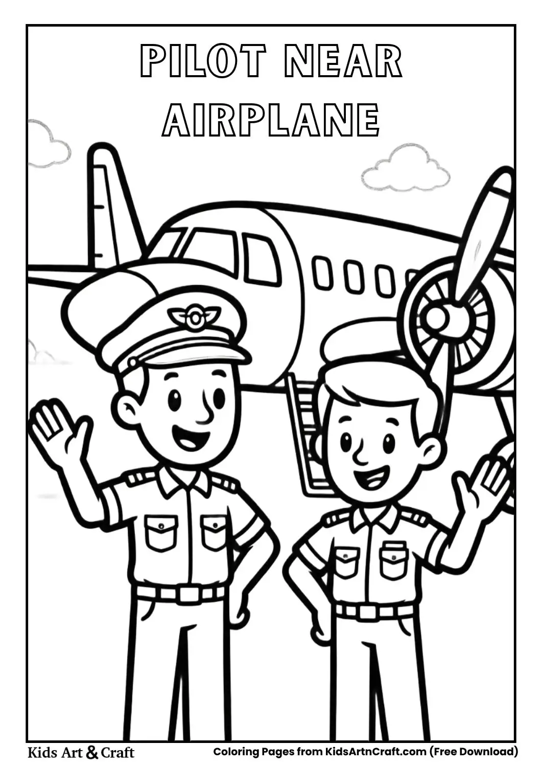 Pilot and co-pilot standing near airplane waving