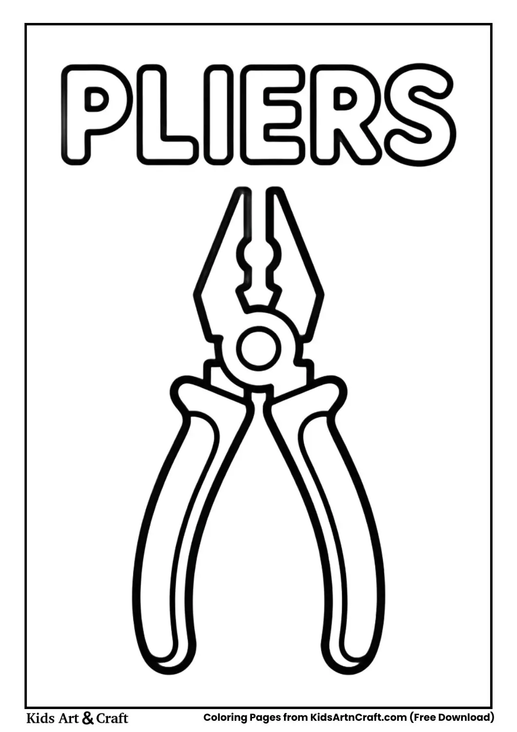 Simple pliers coloring page with the word Pliers above the drawing