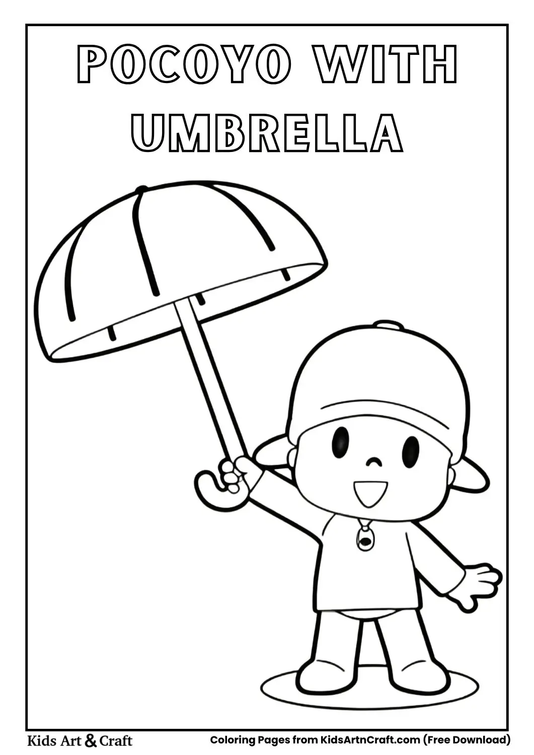 Pocoyo holding an open umbrella while standing on a base