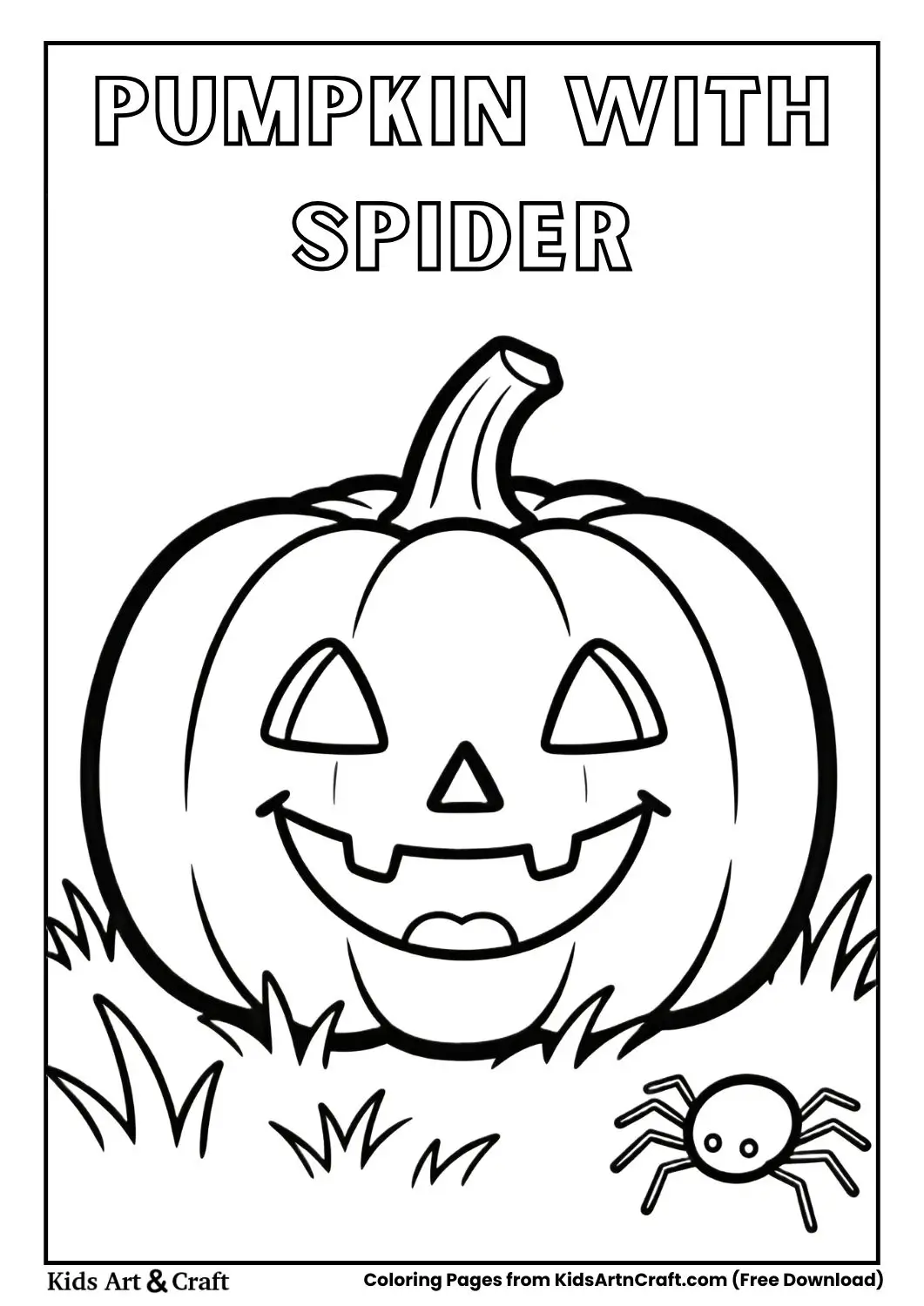 Happy pumpkin with small spider Halloween coloring page for kids