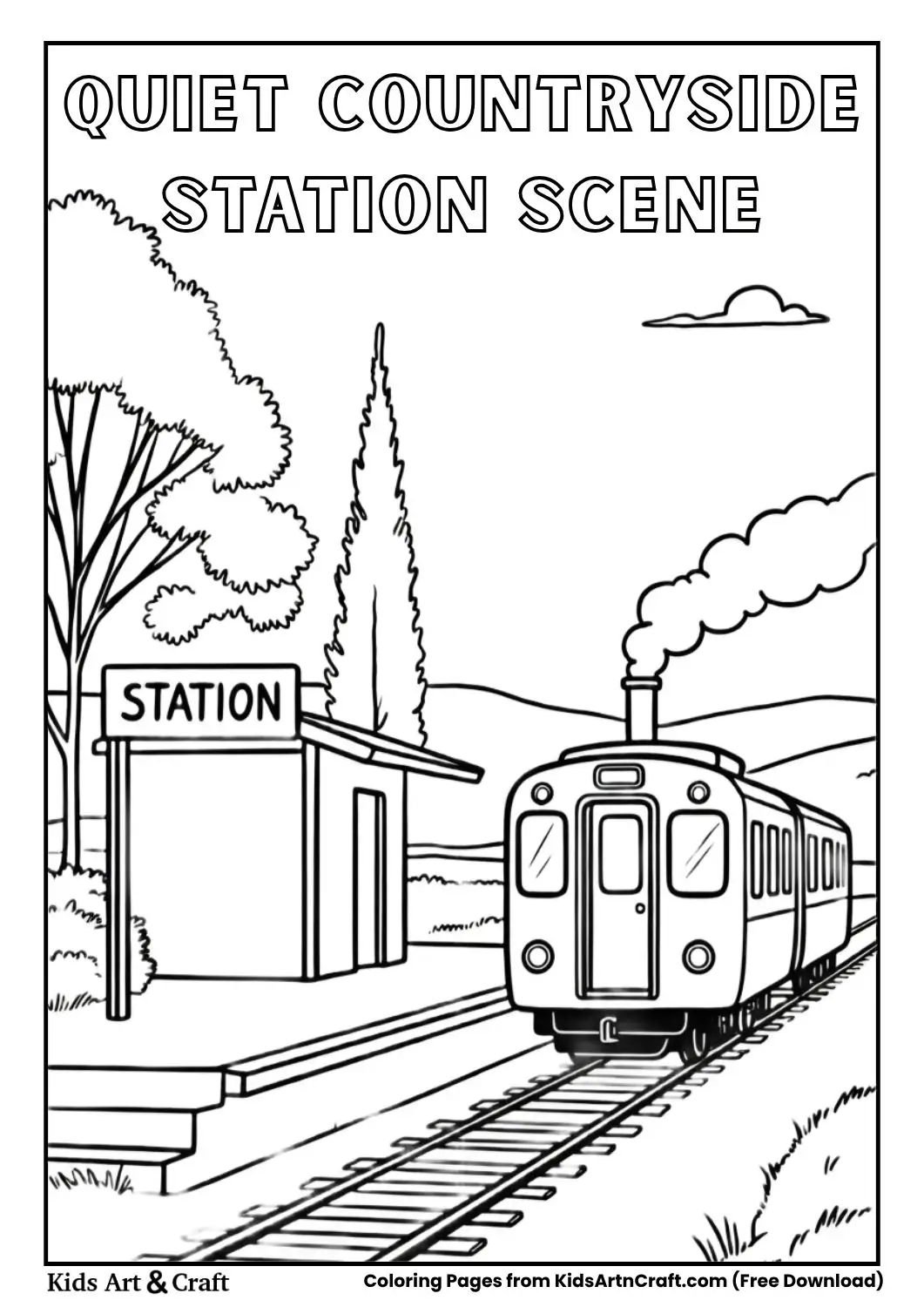 Small train stopping at peaceful rural station with trees