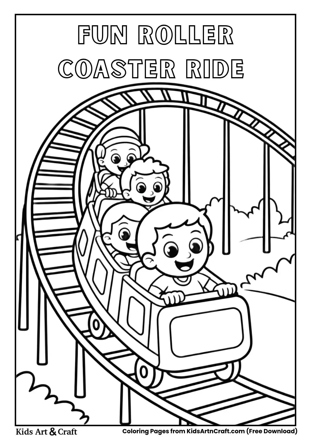 Kids riding a roller coaster track at an amusement park coloring page