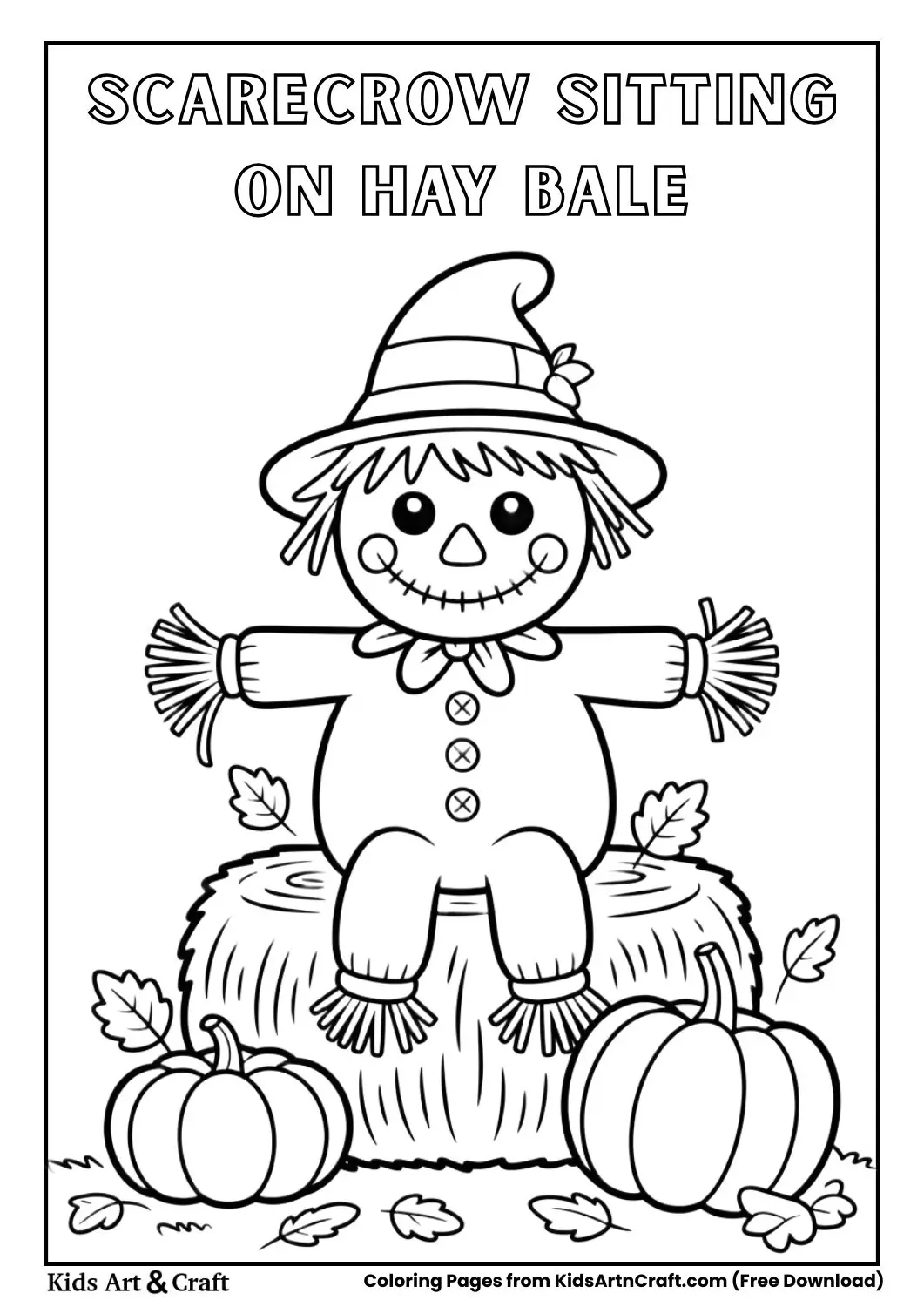 Cute scarecrow sitting on hay bale with pumpkins Halloween coloring page
