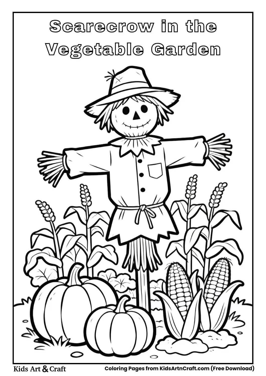 Black and white line drawing of a scarecrow standing near pumpkins and corn