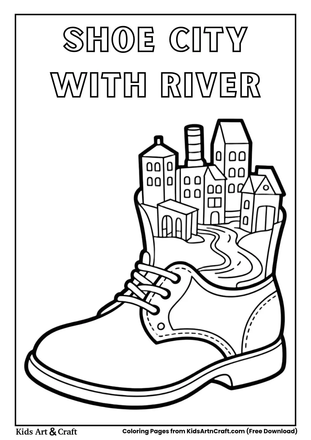 Shoe with a tiny city and small river inside black and white coloring page