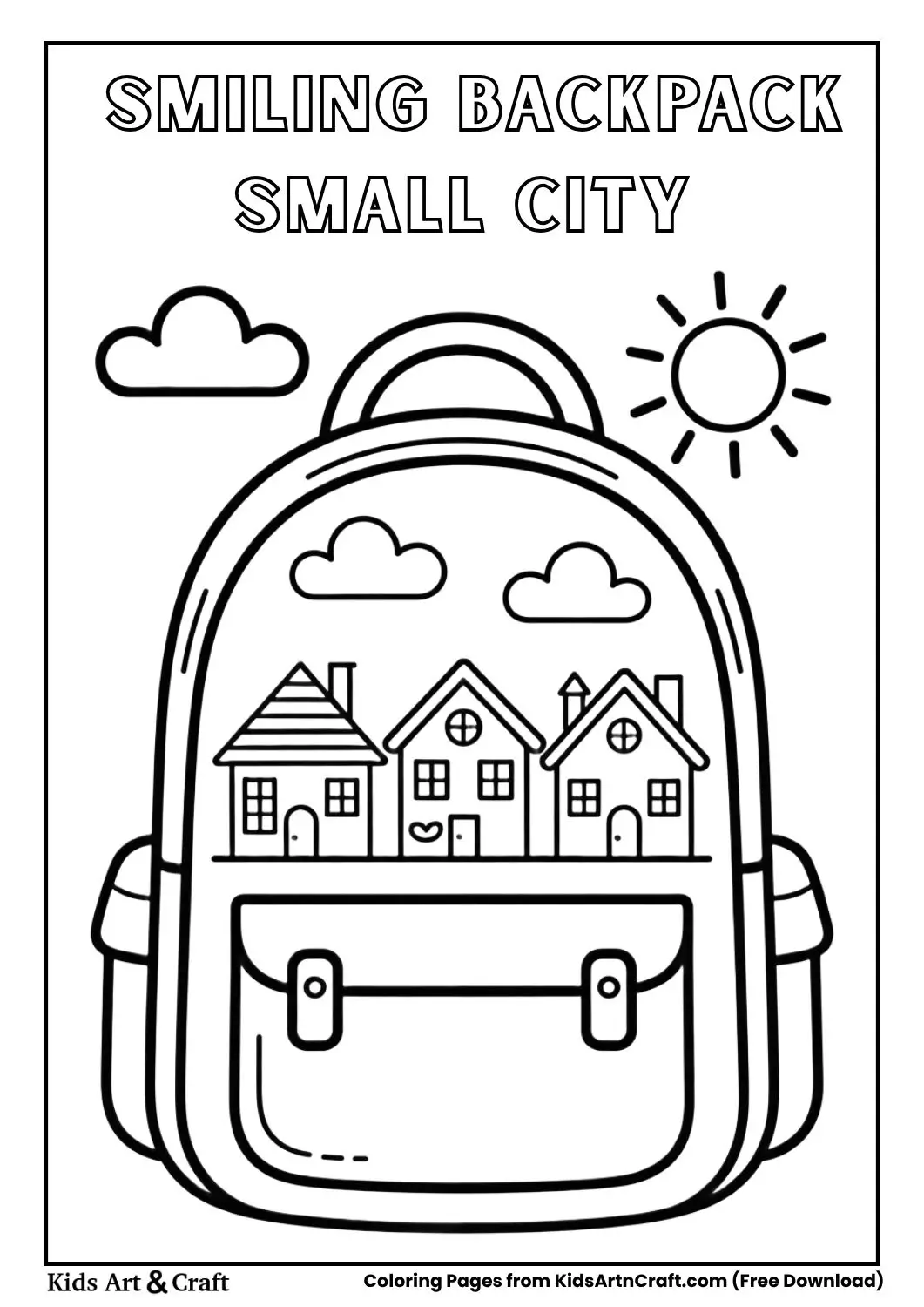 smiling backpack with small city inside coloring page for kids