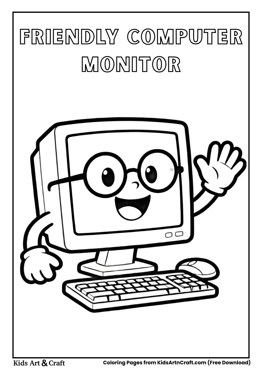 Cute computer monitor with glasses waving coloring page