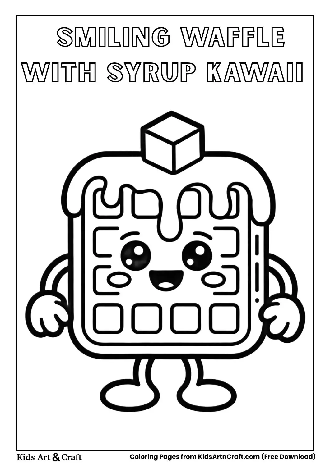 Smiling waffle with syrup and butter kawaii coloring page black and white