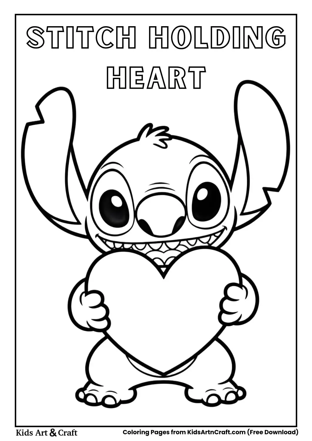 Stitch holding a big heart black and white coloring page for kids