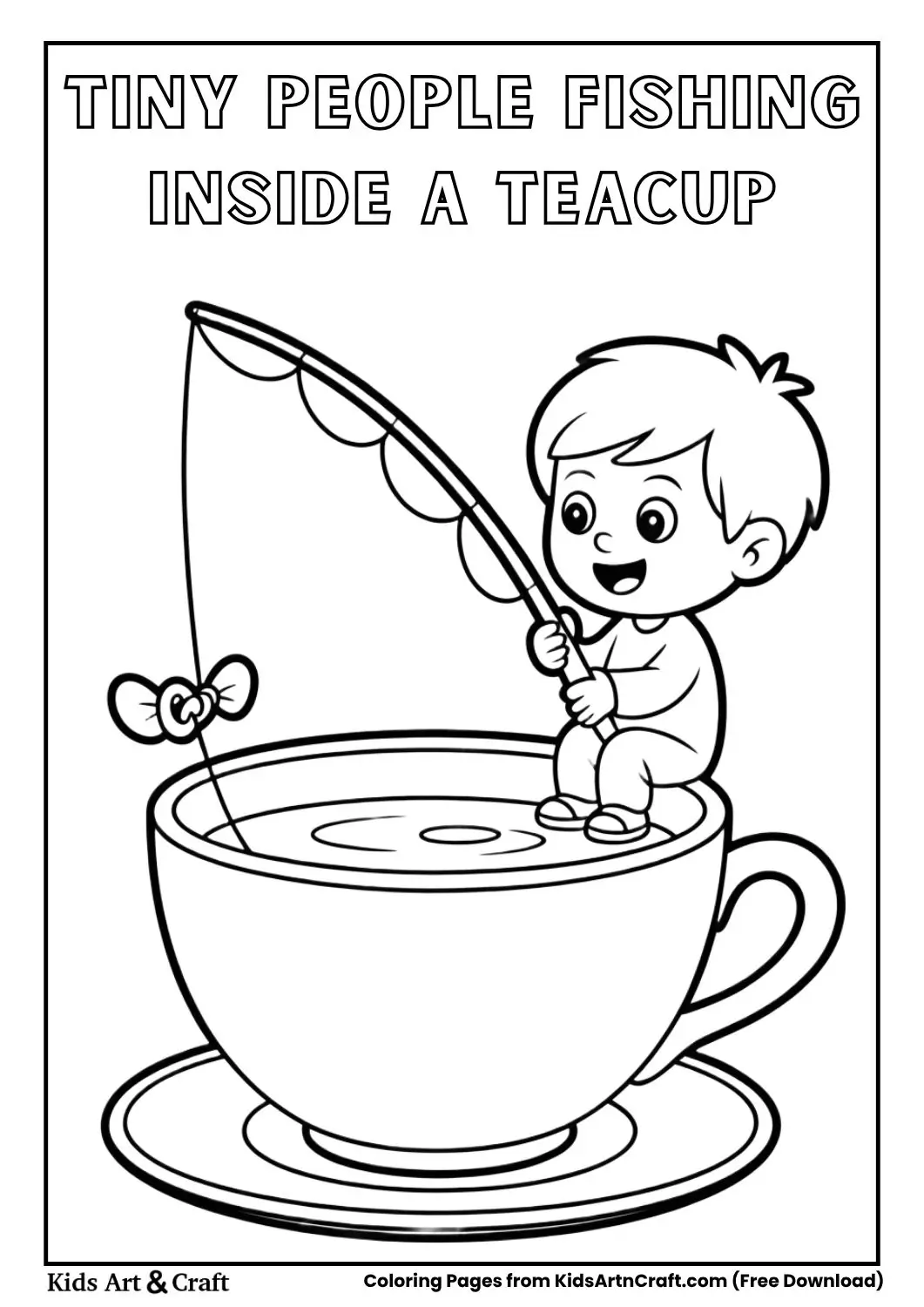 Tiny people fishing inside a teacup simple black and white coloring page for children