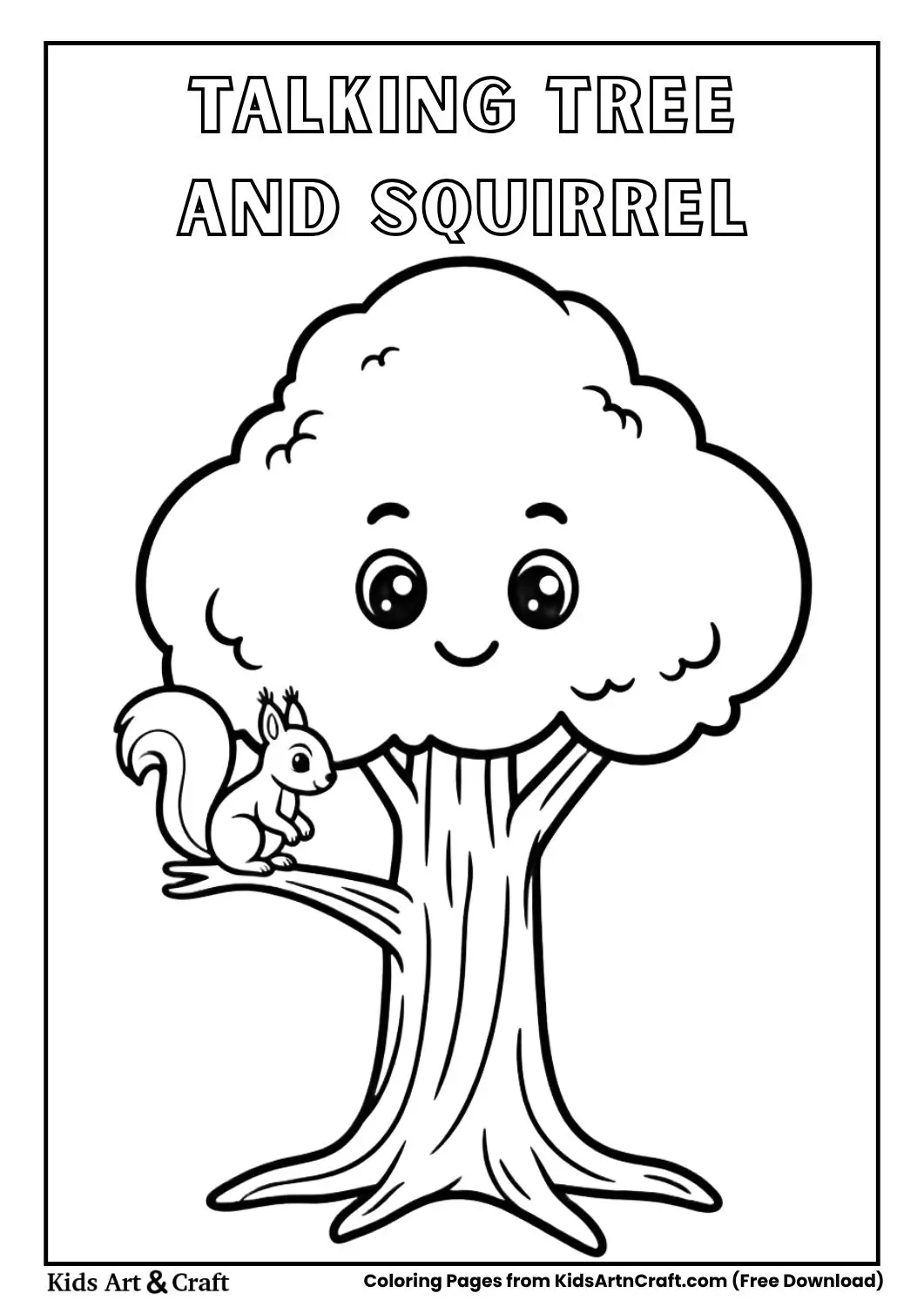 Cartoon tree with a smiling face talking to a squirrel coloring page