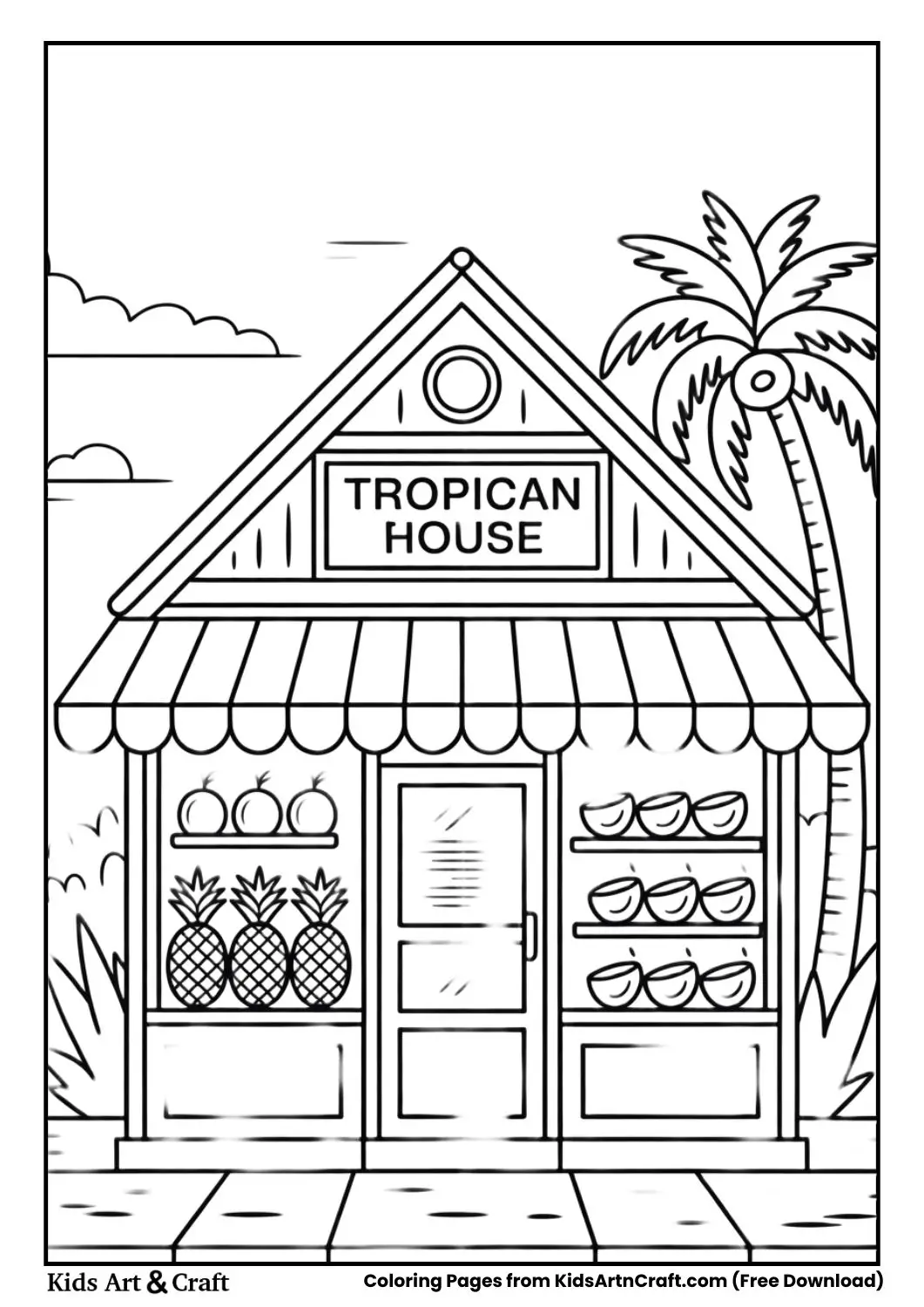 Tropical Fruit House pineapple and coconut shop coloring page