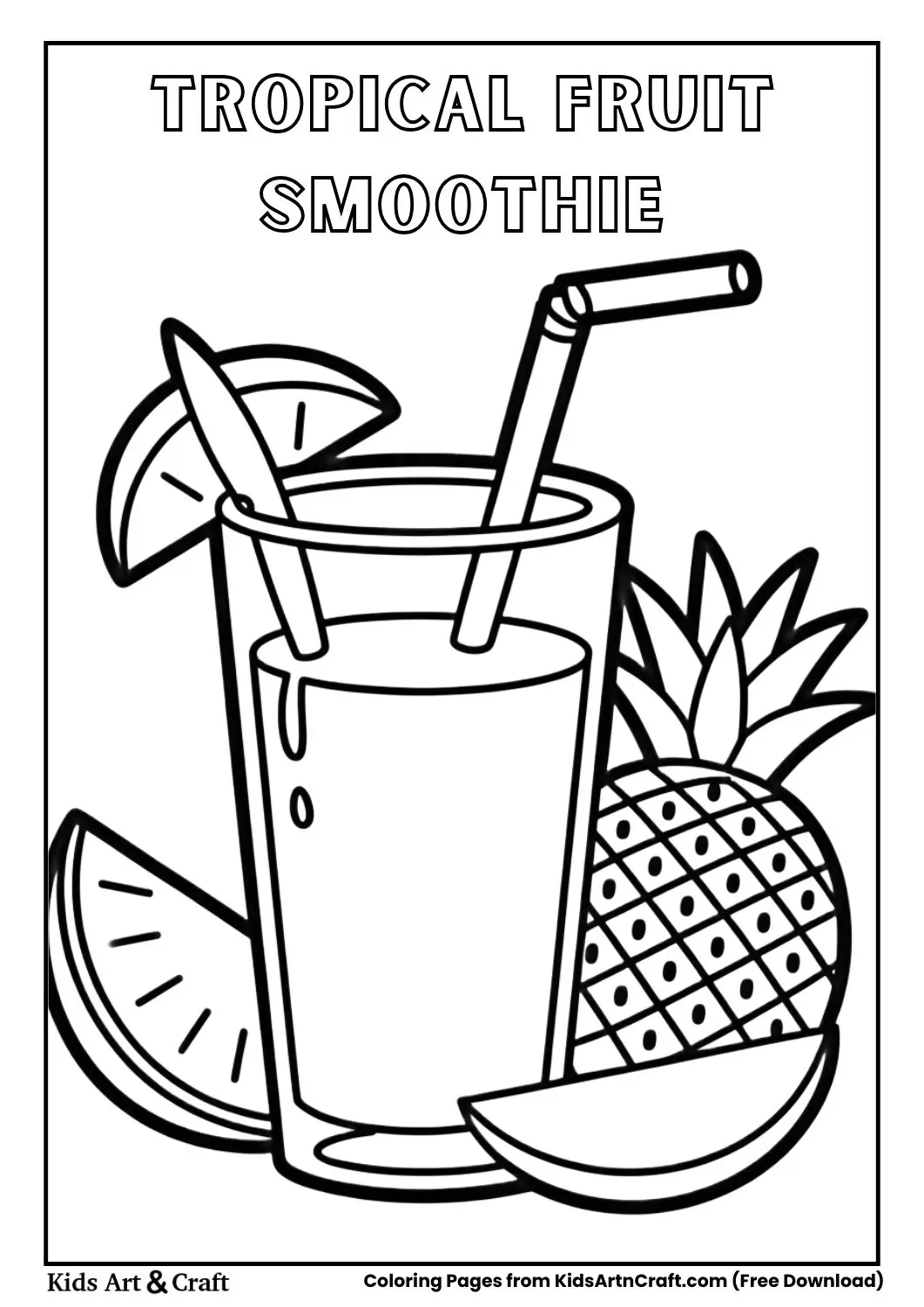 Black and white smoothie with pineapple and mango slices beside it.