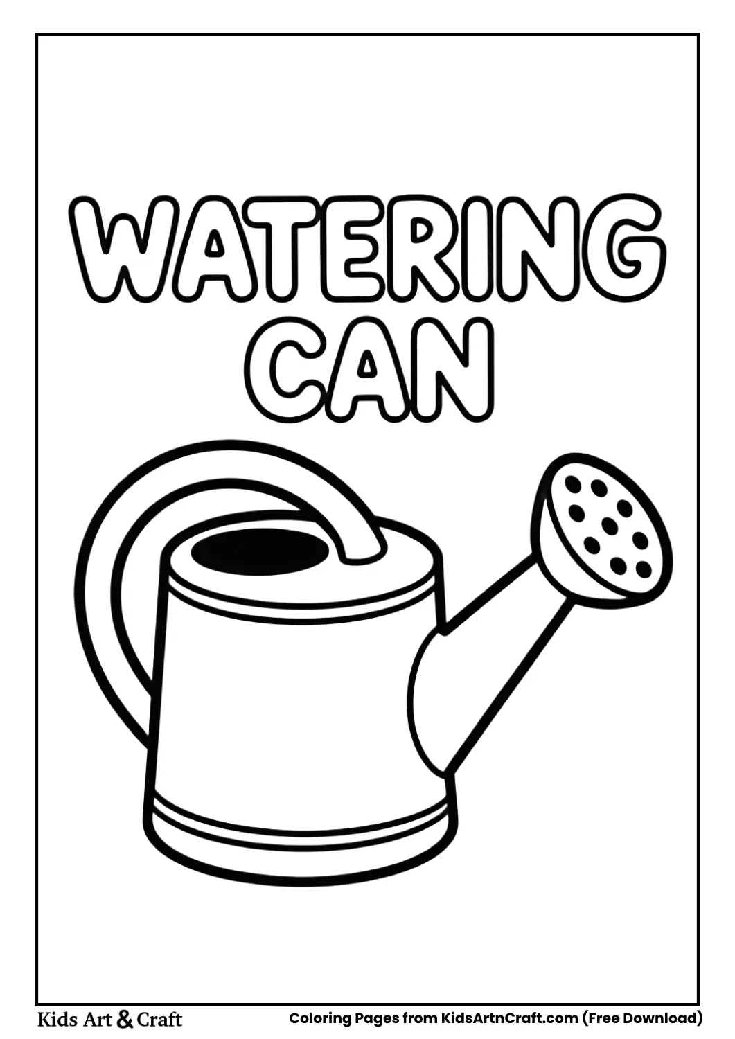 Simple black and white watering can coloring sheet with bold outline and labeled text