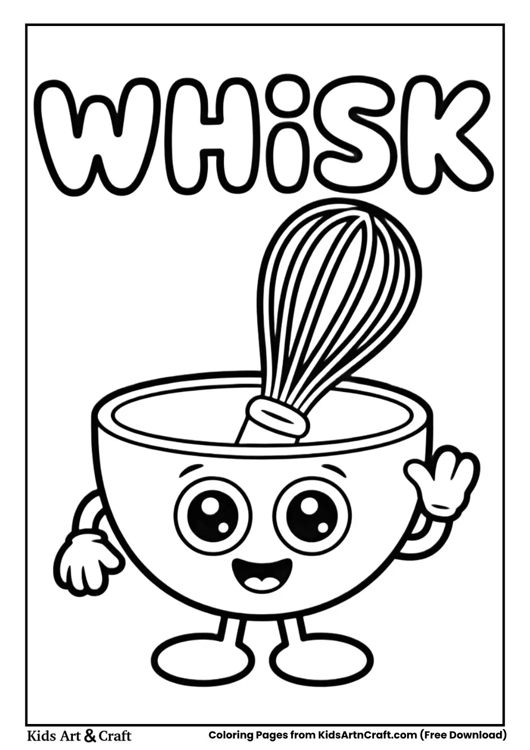 Cartoon whisk black and white coloring page with the word WHISK on top