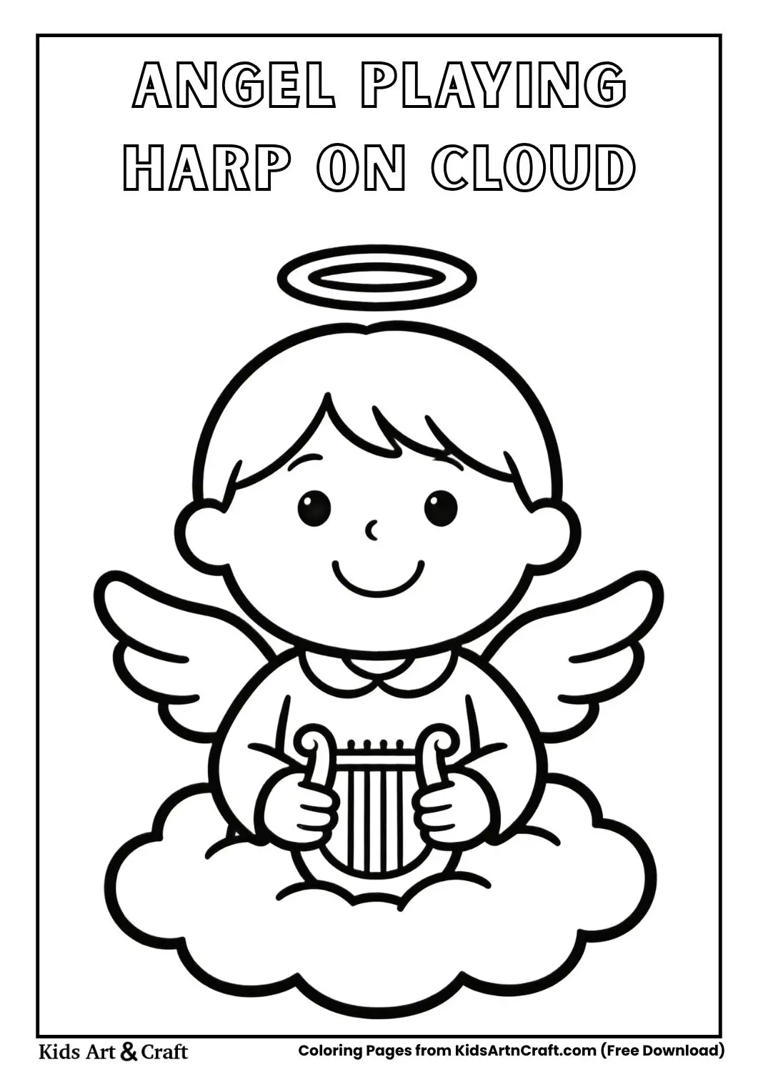 Angel sitting on cloud playing harp easy coloring page