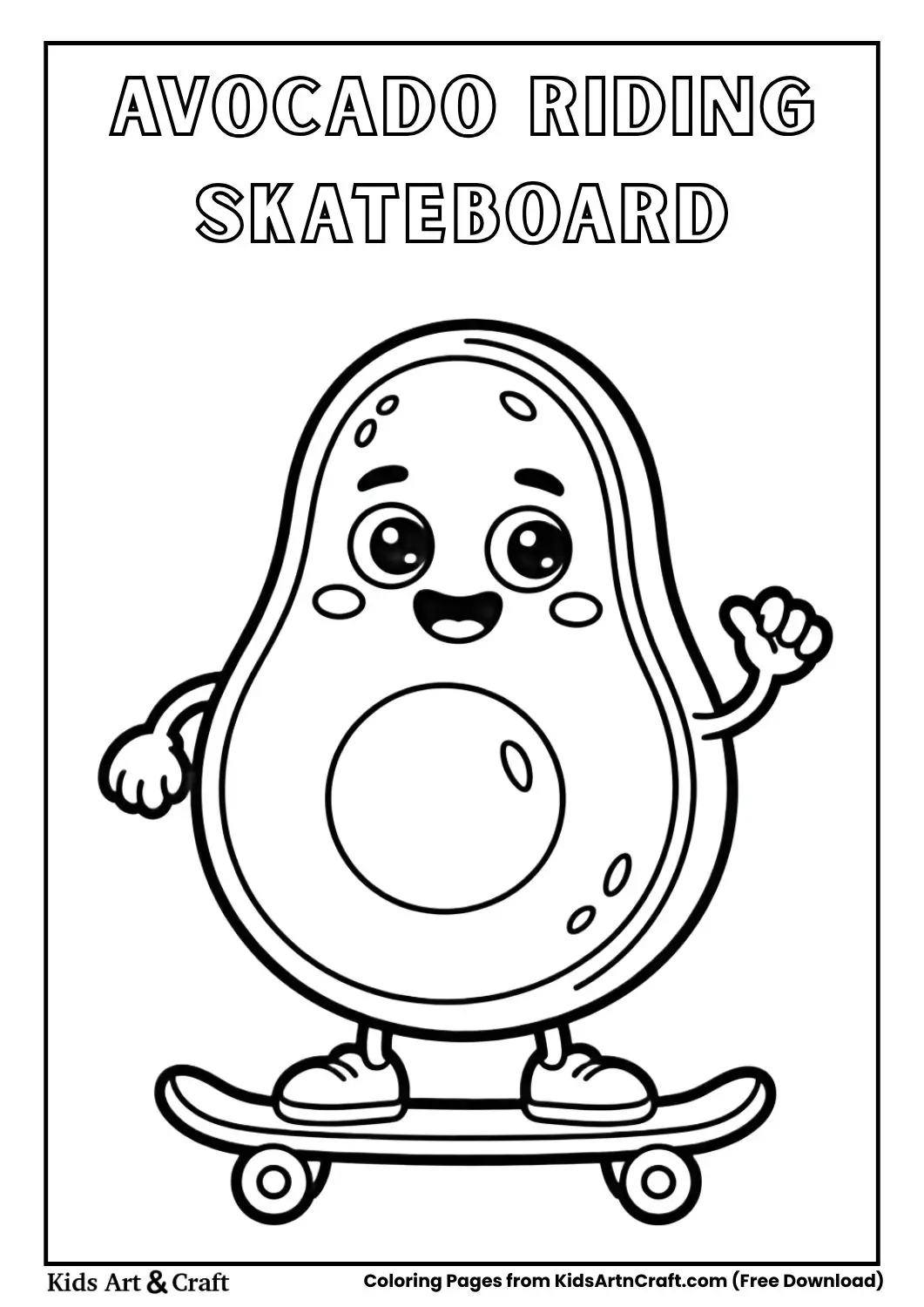 Cute avocado riding skateboard cartoon coloring page