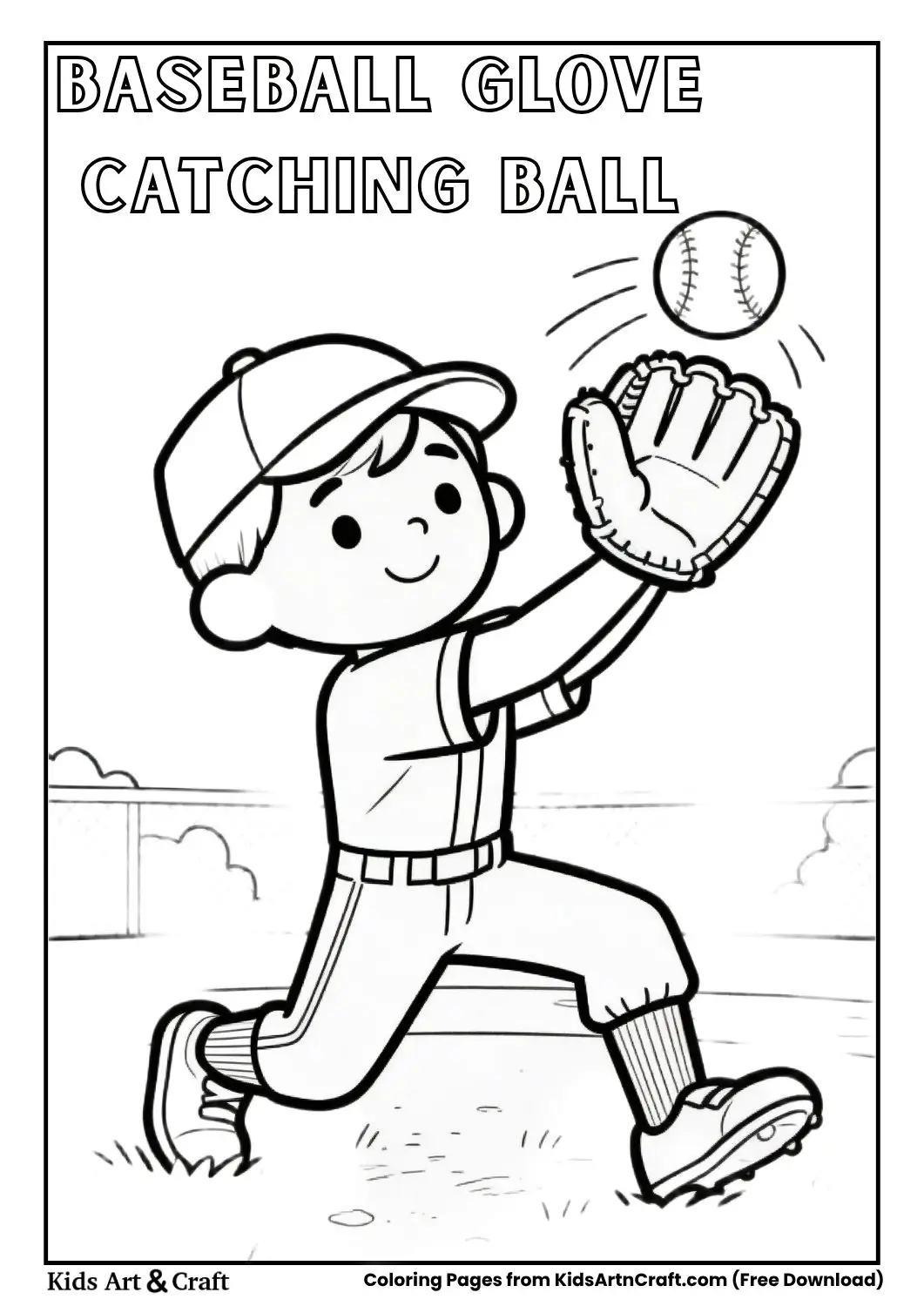 baseball glove catching a ball with motion lines simple black and white coloring page